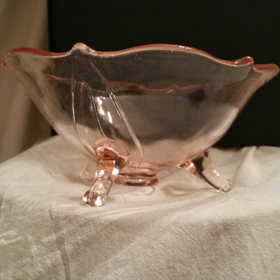 Vintage Three Footed Pink Depression Glass Wheel Cut Floral