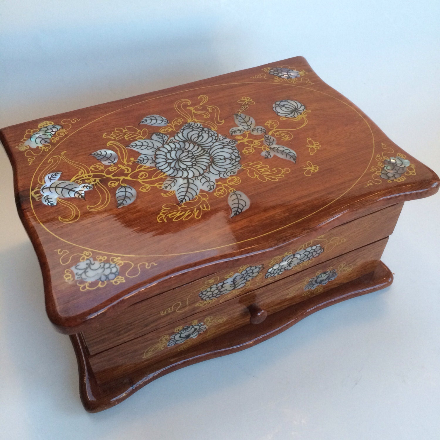 Asian Mother of Pearl Inlaid Trinket Jewelry Box with Drawer