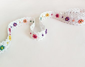 1 yard 7/8"W white cotton cluny crochet sewing lace trim, beaded lace trim with wooden beads, white cluny lace trim with wood beads N2