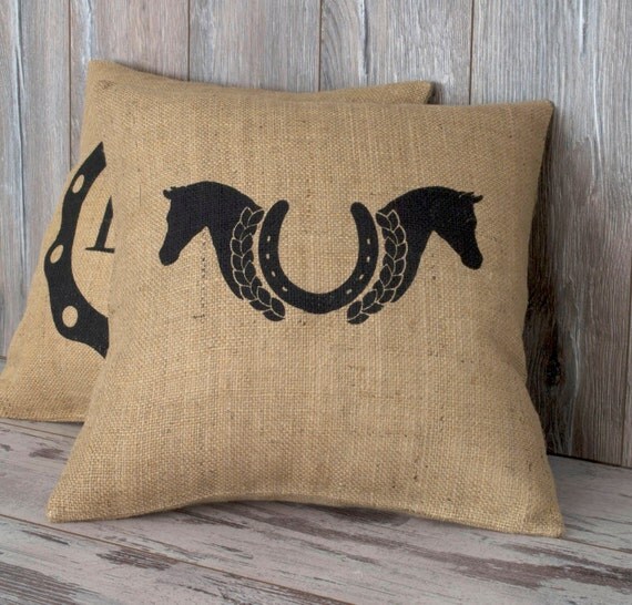 Horse Head Pillow Case Horseshoe Decor Burlap by pillowmeRustic