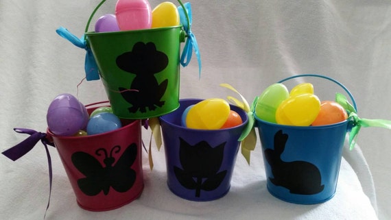 Tin buckets w/ frog butterfly flower and bunny can be personalized with names, family name, or monogram to accent a party, Easter, or mantle