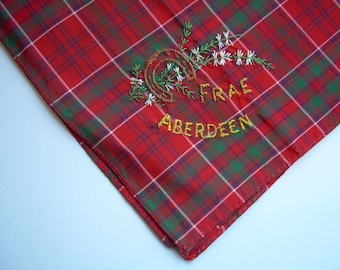 SALE! TARTAN Red + Green Vintage Handkerchief "Frae ABERDEEN" fine embroidery Horseshoe + Heather motif