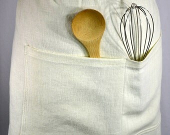 CLEARANCE Cream Linen Cafe/Half Apron, Utility Apron, Wide Pockets, Washable, Stain-Resistant Linen, Teacher's Apron,