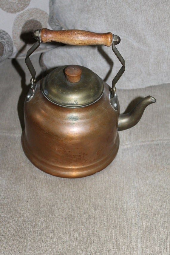 Vintage Copper Teapot with Brass Spout Lid and Fixtures w