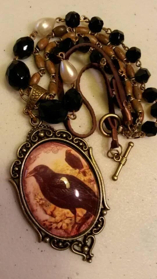 Raven Crow necklace, Gothis,Steampunk style..2 1/2 inch pendant. Vintage black  rosary beads,pearl rosary beads,vintage wooden rosary beads