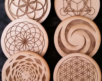 Sacred Geometry, Water Energizing, Coasters, Metatron's Cube, Sead of Life, Fibonacci, Tube Torus, solid wood coasters