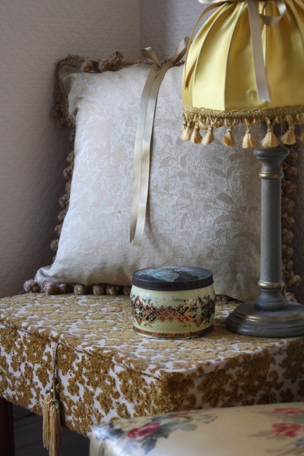 1960s Gold Flock Needlework Box on Teak Legs Haute Juice