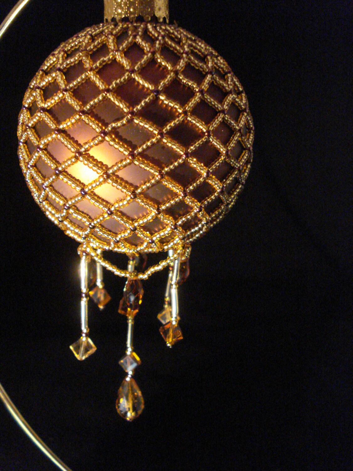 Brown and Gold Glass Hand Beaded Globe Christmas Ornament