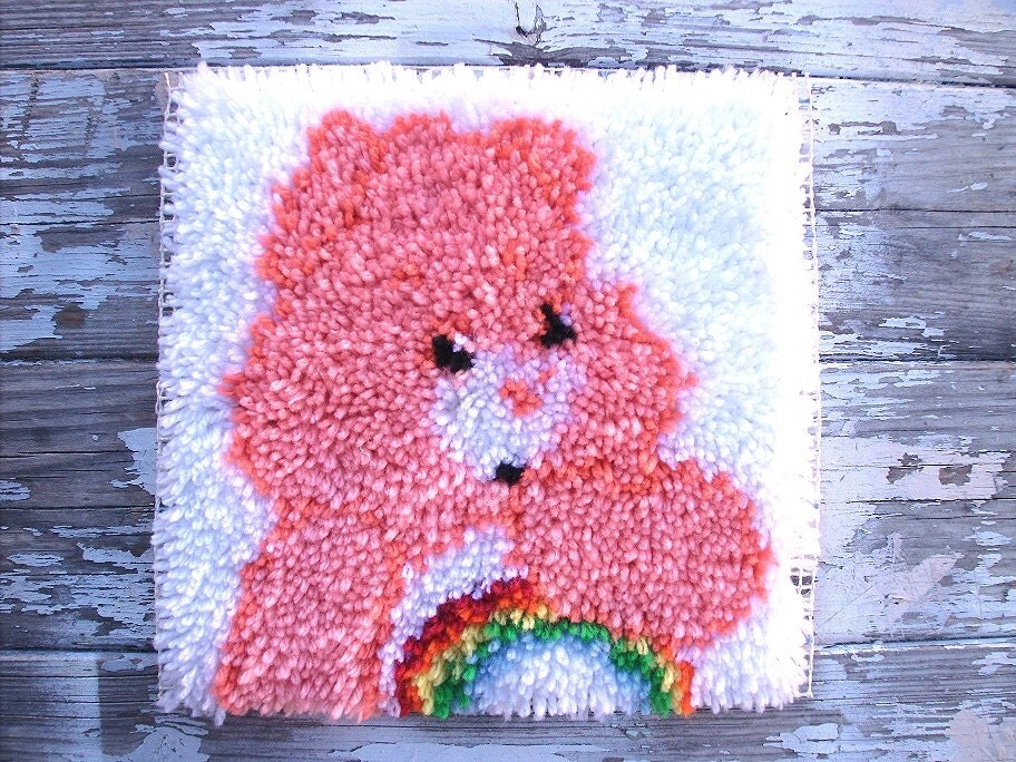 Vintage Care Bear latch hook rug handmade shag rug by PeachNifty