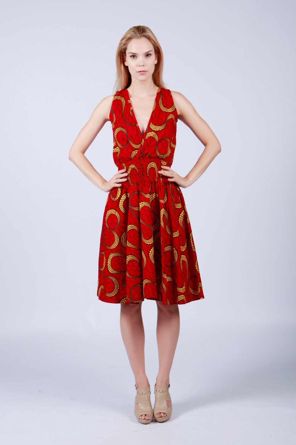 Red Dress V Neck Dress Knee Length Dress Sleeveless Dress