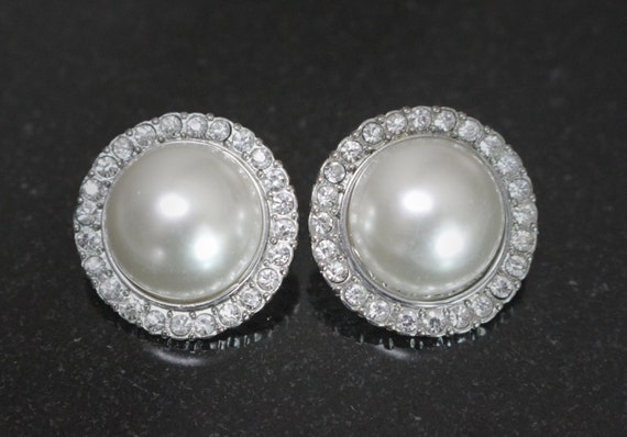 Items similar to Chunky Pearl Crystal Framed Stud Earrings - Silver ...