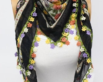 Turkish Anatolians Floral Scarf - Hand crocheted lace Oya - Yemeni - Cowl Gift Ideas Fashion Accessories