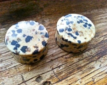1" (25mm) Dalmatian Jasper STONE Plug Gauge Black and Tan Double Flare Plug Gauges PAIR