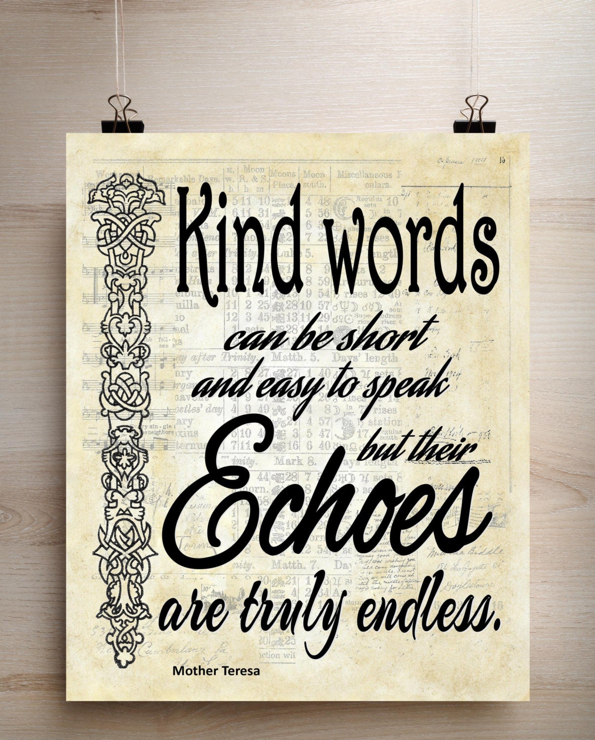 kind words mother teresa inspirational quote on print of antique ledger