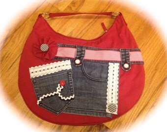 hobo bag, tote bag, denim pockets, recycled denim, red hobo bag, denim and lace, anchors, red, white, blue, purses, handbags, pocket bags