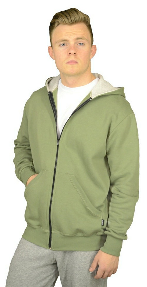Men's Zip Hoodie Olive green with grey marl hood trim.