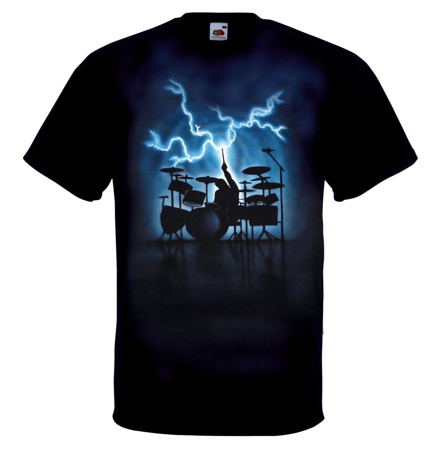 Airbrushed Drum Kit T-shirt Musical Drummer Blue Lightning