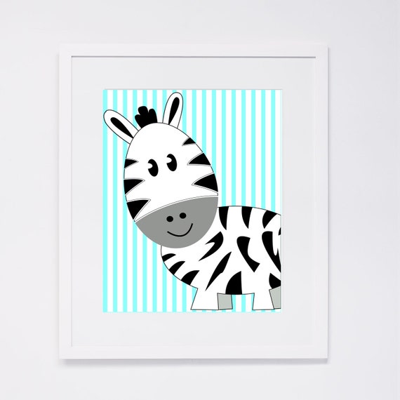 Nursery Decor Zebra with Blue Striped Background