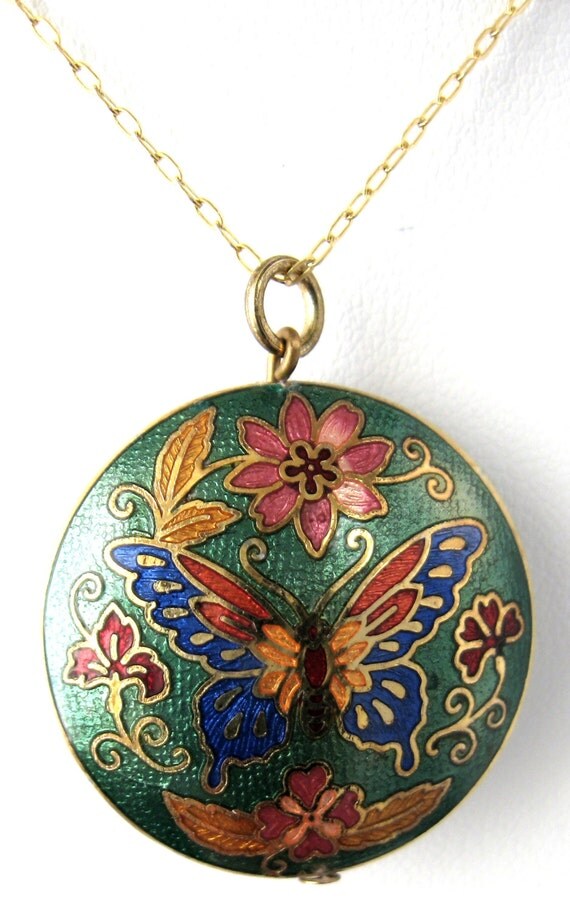 Necklace 1970s Chinese Cloisonne Green by JewelryDiscoveries