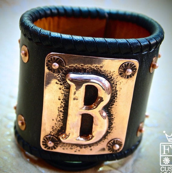 Leather cuff Bracelet hand hammered Copper Initial and sterling silver concho Chase/Repousse Handmade for YOU in NYC by Freddie Matara