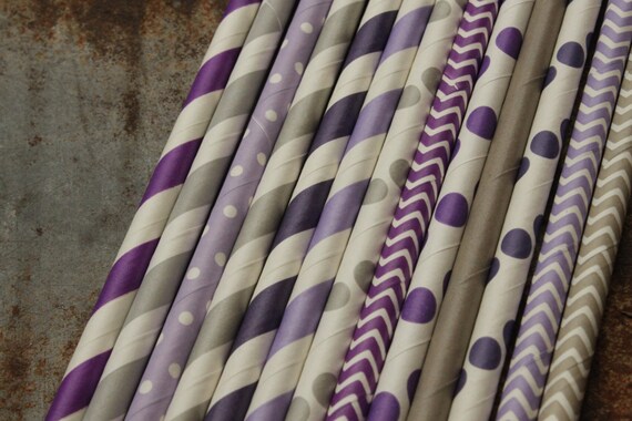 25 Purple & Gray Paper Straws -- Lavender - Grey Drinking Straws Il_570xn