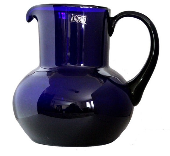 Poland Krosno Cobalt Blue Pitcher Handblown Glass Vintage