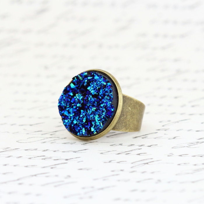 Blue Statement Ring Cocktail Ring Deep Blue Faux Druzy Ring