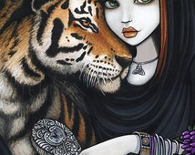 Tiger Fae Soul Mates Fantasy Cat Goddess Flower Sam Lilah Limited Edition Canvas ACEO - il_214x170.678826623_hna9