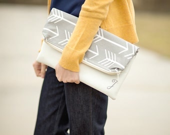 Vegan Leather - Foldover Clutch - White Foldover Clutch Purse - Vegan Leather Clutch - Monogrammed Foldover Clutch - Zippered Clutch
