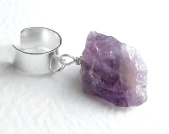 Rough Amethyst Ear Cuff, Purple Raw Stone Cuff Earring, Cartilage Jewelry