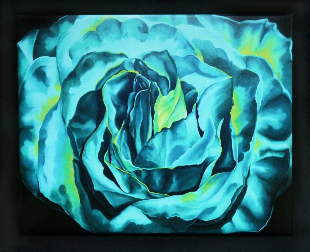 Turquoise rose green rose art large canvas painting graffiti