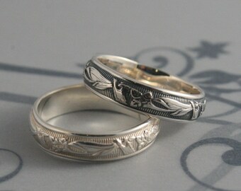 Vintage Style Ring--Lily Nouveau Ring--Men's Wedding Band--Art Deco Ring--Solid Silver Band--Women's Wedding Ring-Patterned Ring-Floral Band