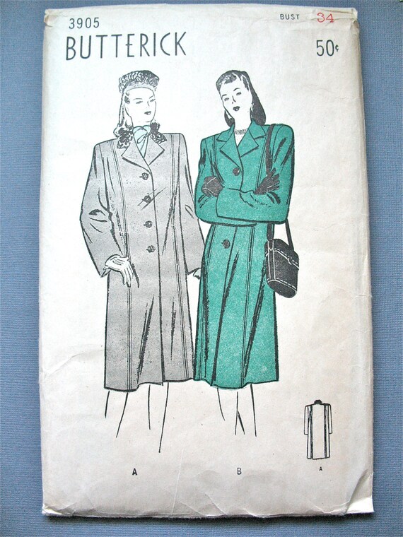 1940s Vintage Box Coat Sewing Pattern Bust 34 inches Looks