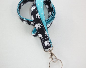 Elephant Lanyard ID Badge Holder - Black and white elephants with white pin polka dots on aqua - Lobster clasp and key ring
