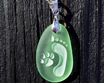 Footprint and Dog Paw Forever Friends engraved Sea Glass pendant Jewelry - choose your color