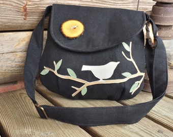 BIRD PURSE, Canvas Tote, Bird Tote, Black Canvas, Eco- Friendly Purse, Vegan Bag, Nature Purse