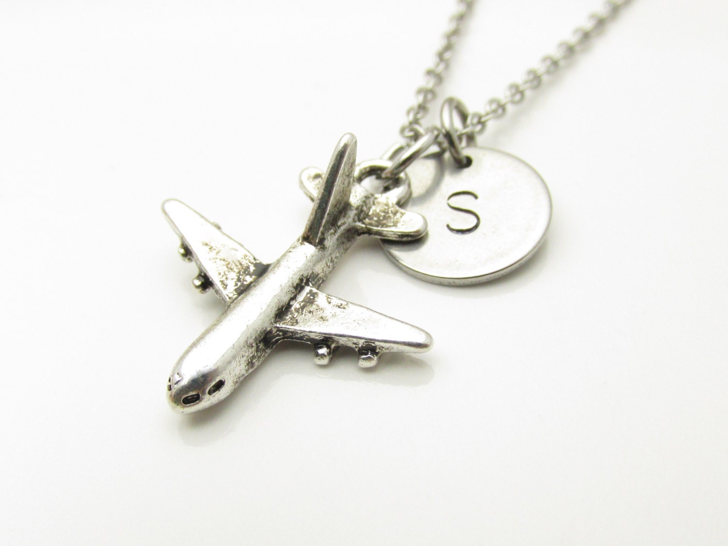 Airplane Necklace and Initial Antique Silver by CranberryStreetNY