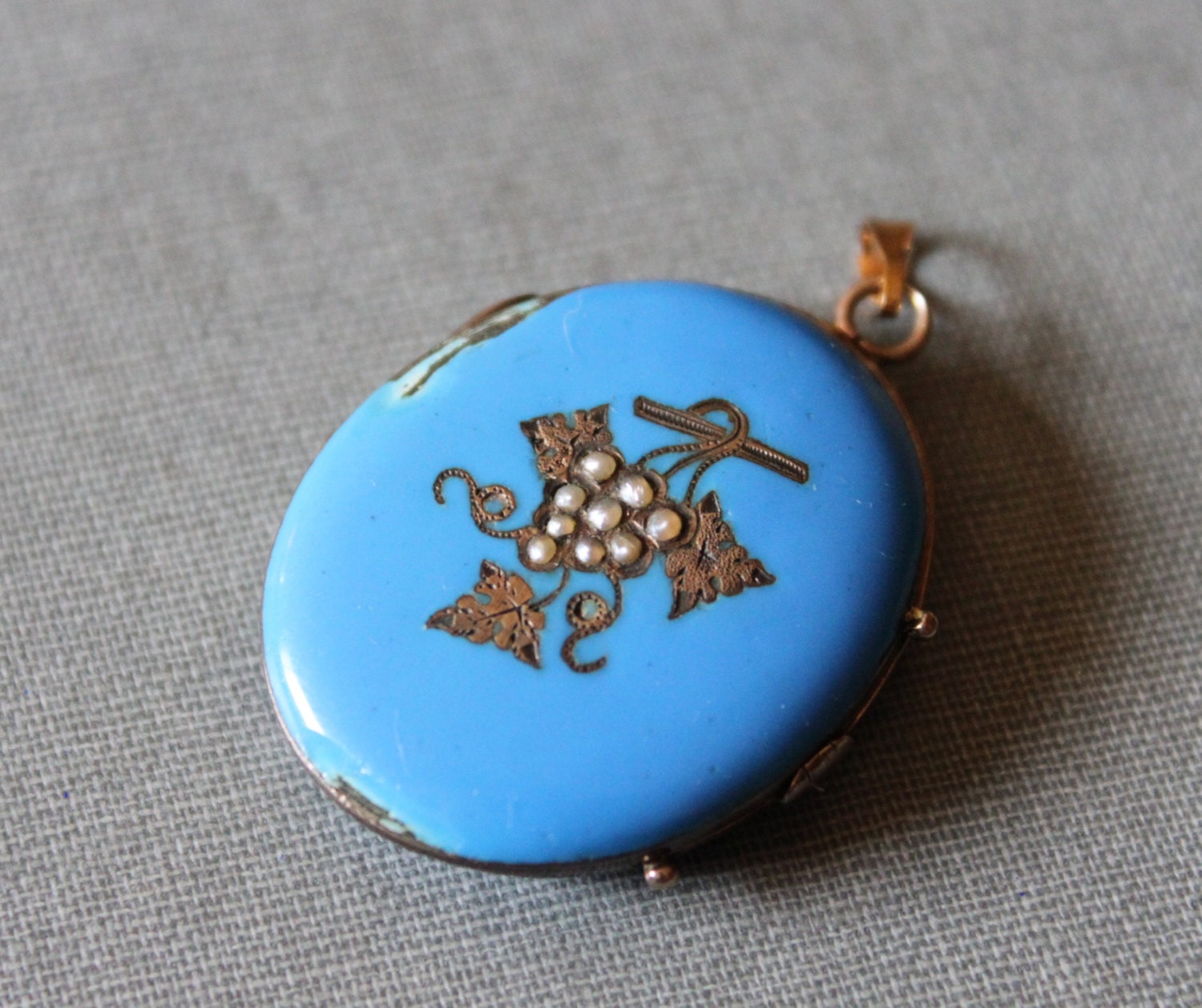 Large Antique Turquoise Enamel Locket / Victorian Seed Pearl