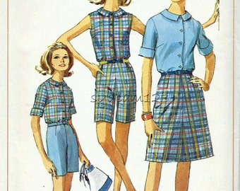 Vintage 1960s Pattern Wardrobe Button Front Collared Shirt Bermuda Shorts and A Line Skirt 1966 Simplicity 6504 Bust 33