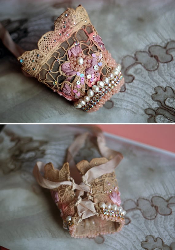 Orchid--romantic antique lace wrist wrap  with hand beading, crystals, freshwater pearls