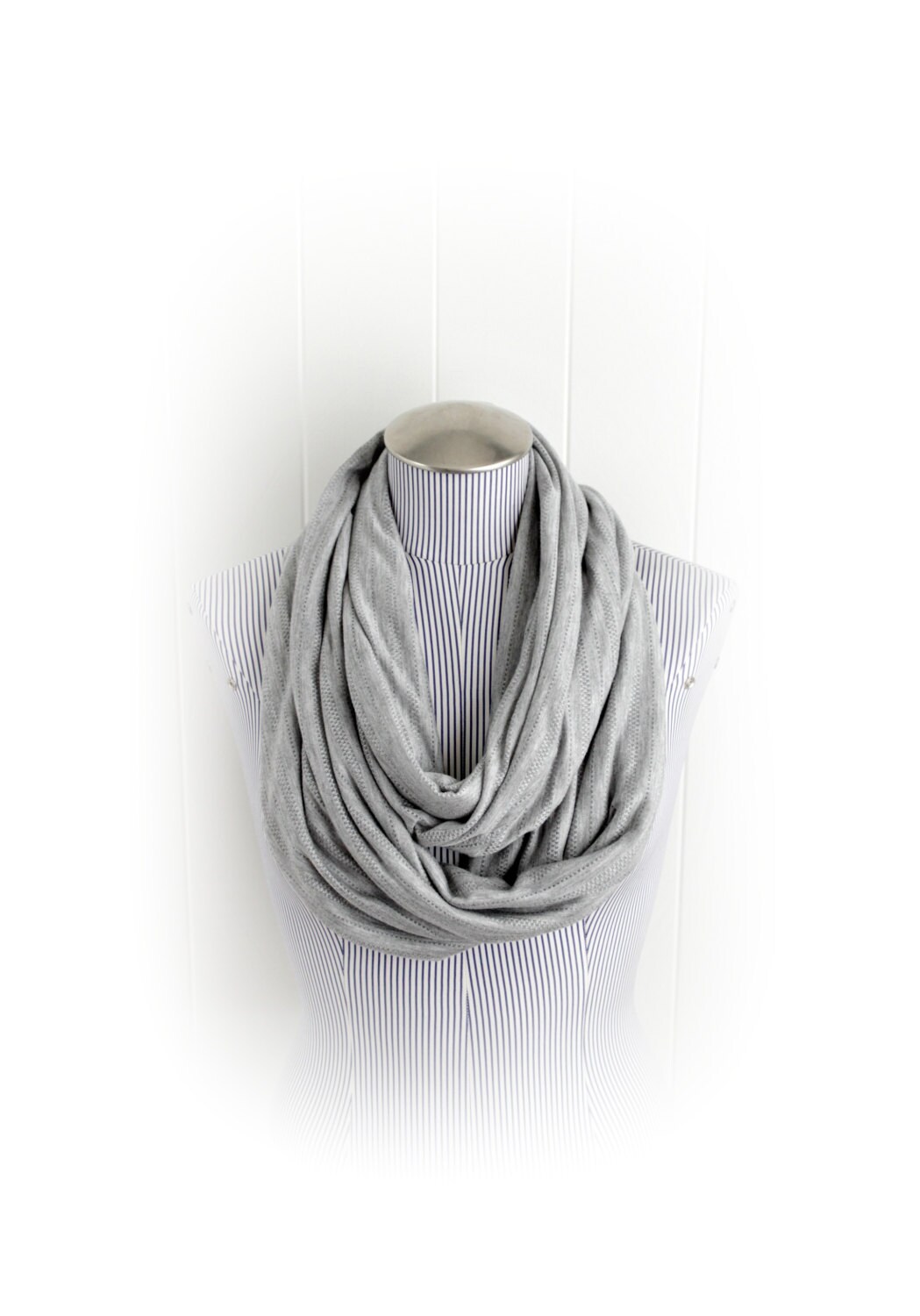 Light Gray Infinity Scarf Casual Sheer Knit Stripe Shimmer