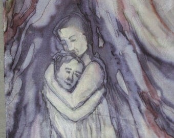 Figural silk painting/ wall hanging "Hug". Art with hugging people with special energy. Purple slate blue grey wall art/ silk scarf 14 x 51