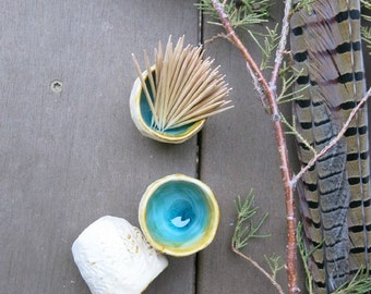Tiny Cup Toothpick Holder or Shot Glass Porcelain Ceramic Textured Aqua Blue Green White Brown Handmade Artisan Pottery by Licia Lucas Pfadt
