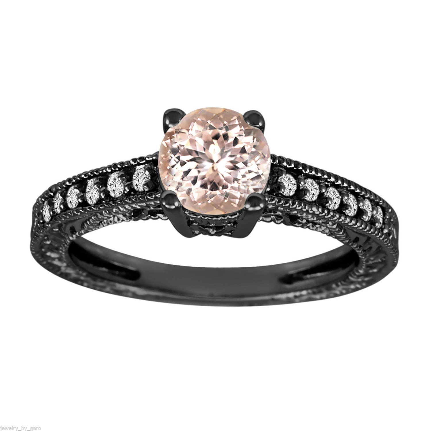  Morganite  Diamond Engagement Ring  Vintage  Style 14K Black