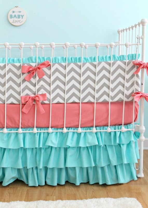 Items similar to Coral Turquoise Chevron Baby Bedding, Custom Baby Girl