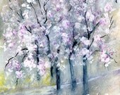 Spring Cherry blossom trees - Original watercolor landscape painting pink cherry blossoms - Pink trees 11 x 15