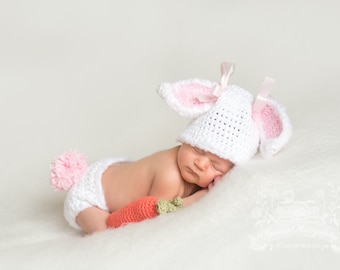 Newborn bunny hat and diaper cover baby bunny hat newborn photo easter hat crochet bunny hat carrot photography prop white bunny hat rabbit