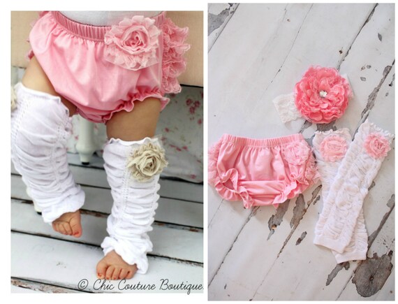 Baby Girl 1st Birthday Outfit. Mother's Day Outfit Set of 3 Items, Lace Bloomers Diaper Cover, Ruffle Leg Warmers, Peony Lace Headband by ChicCoutureBoutique