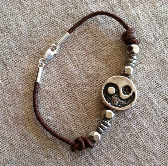Leather Bracelet- Sterling Silver Yin Yang Symbol with Silver Beads