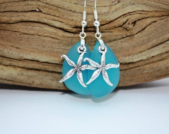 Aqua Sea Glass Earrings, Star Fish, Starfish Earrings Seaglass Earrings Starfish Jewelry Sea Glass Jewelry Beach Jewelry Seaglass Jewelry 69